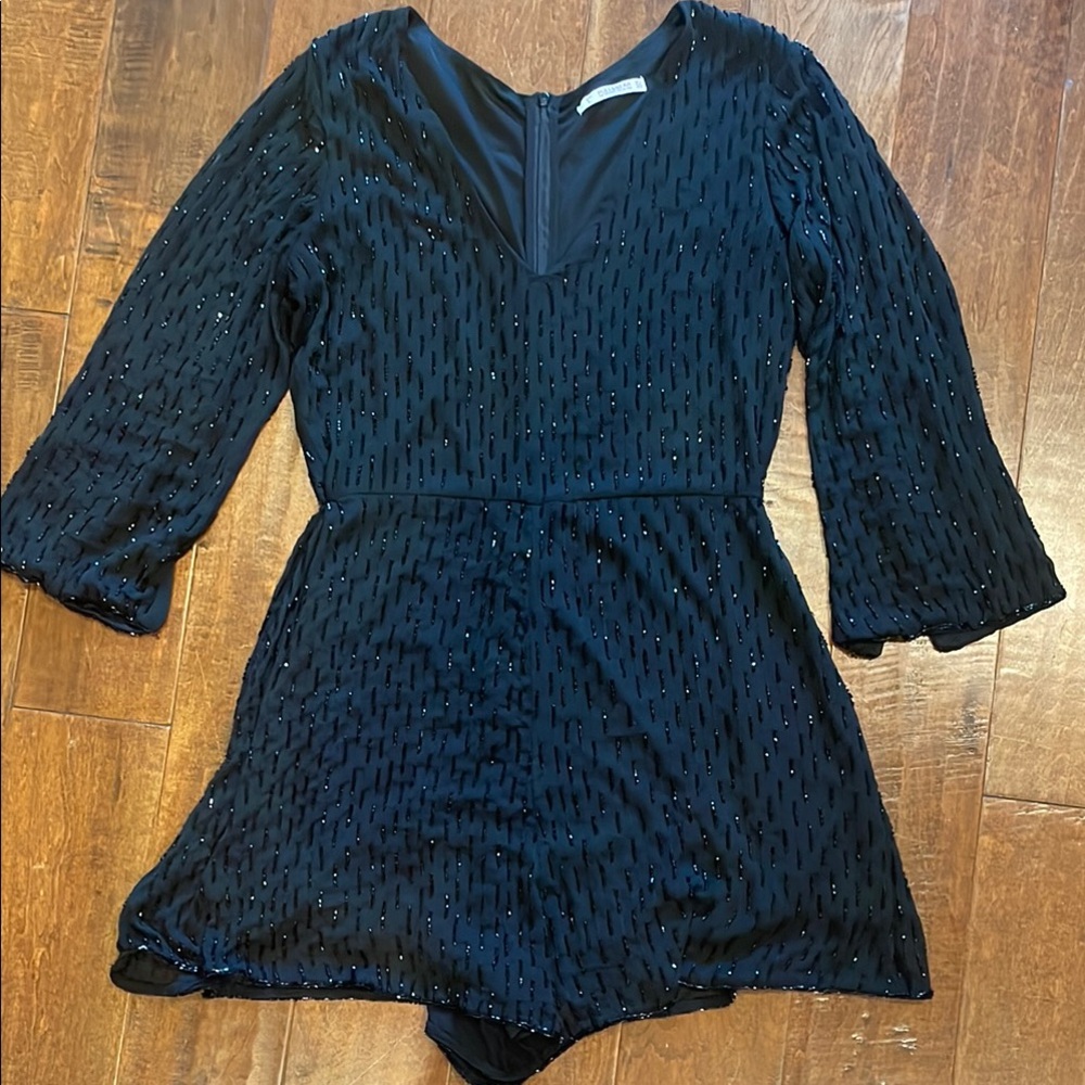 Black Beaded Romper with Long Sleeves
